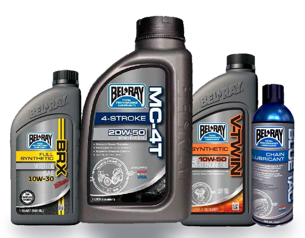 Bel-Ray BRX 10W-30, MC-4T 20W-50, V-Twin 10W-50 y Chain Lube