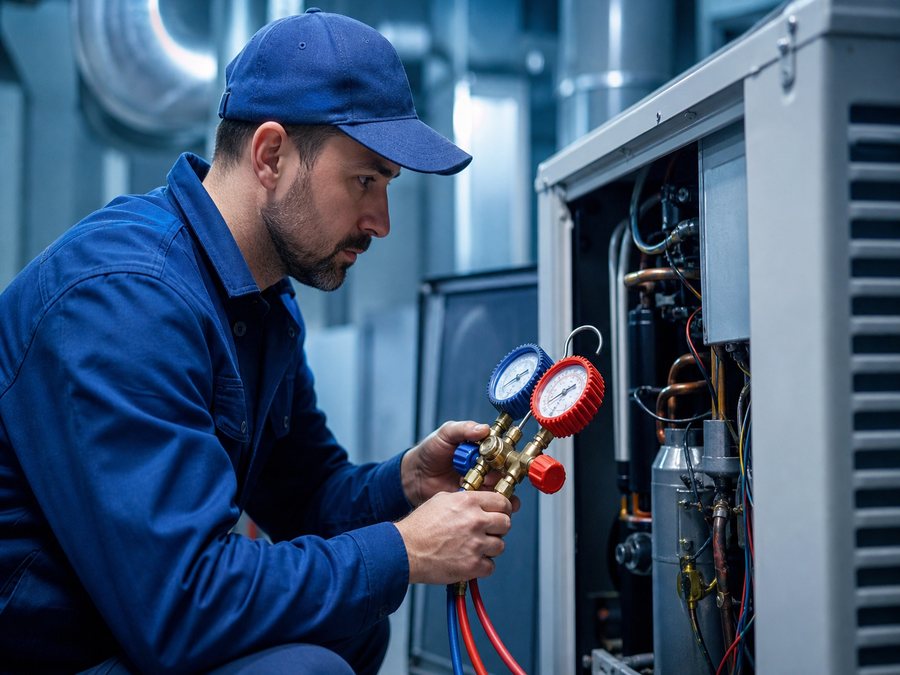 Técnico de refrigeración usando un juego de manómetros