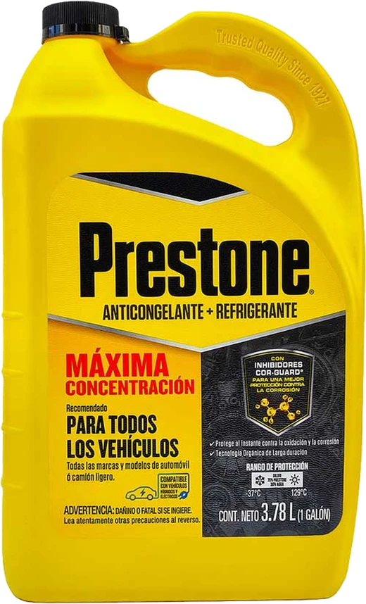 Botellón amarillo de Prestone Anticongelante + Refrigerante Máxima Concentración