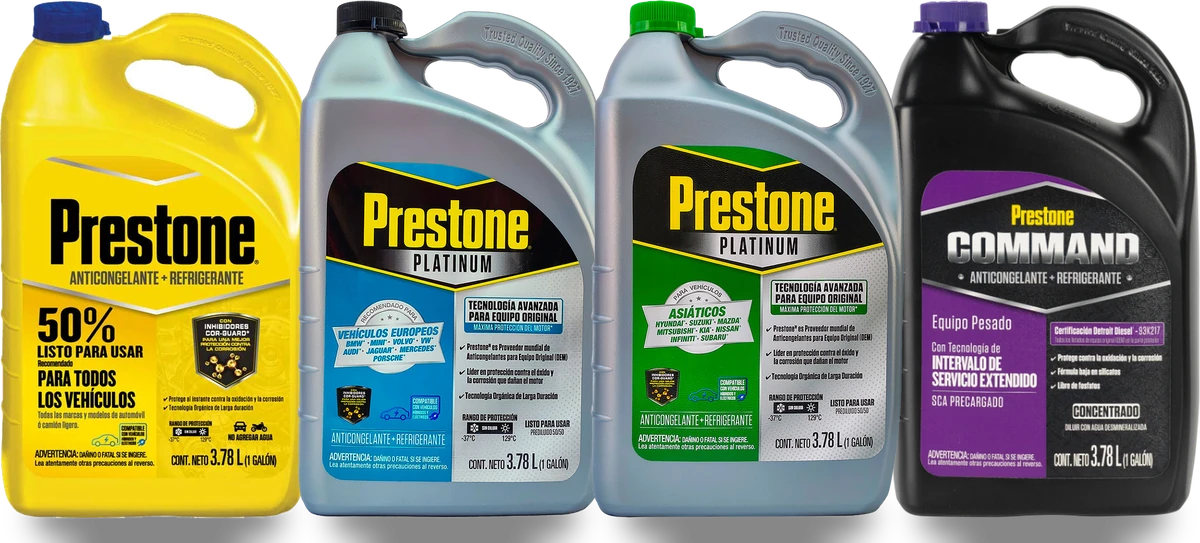 Botellones de Prestone: 50 % listo para usar, Platinum para vehículos europeos, Platinum para vehículos asiáticos y Command para equipo pesado