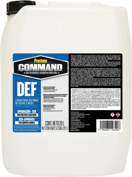 Garrafa blanca de 20 litros de Prestone Command DEF para sistemas SCR