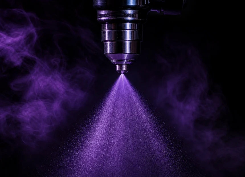 Inyector pulverizando aditivo en una nube violeta