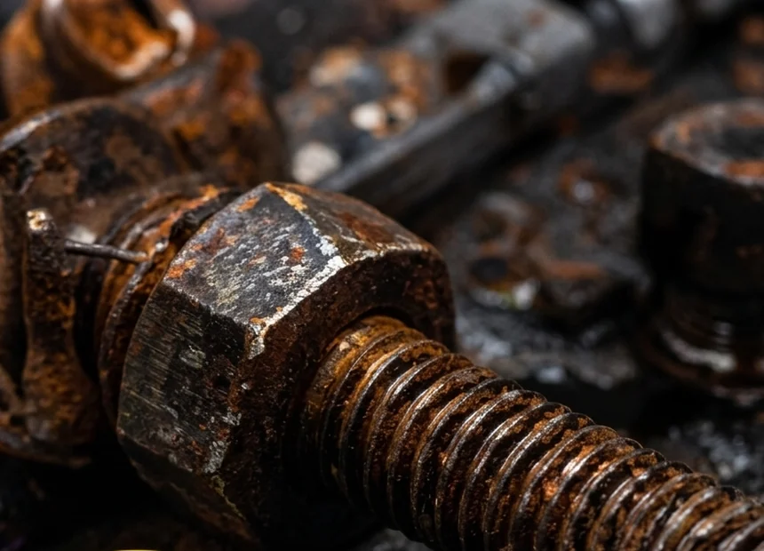 Tornillo oxidado y trabado entre piezas corroídas