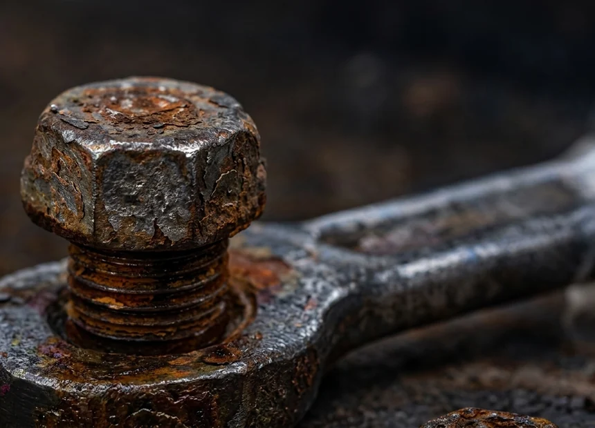 Tuerca y llave engrasadas en un banco de taller